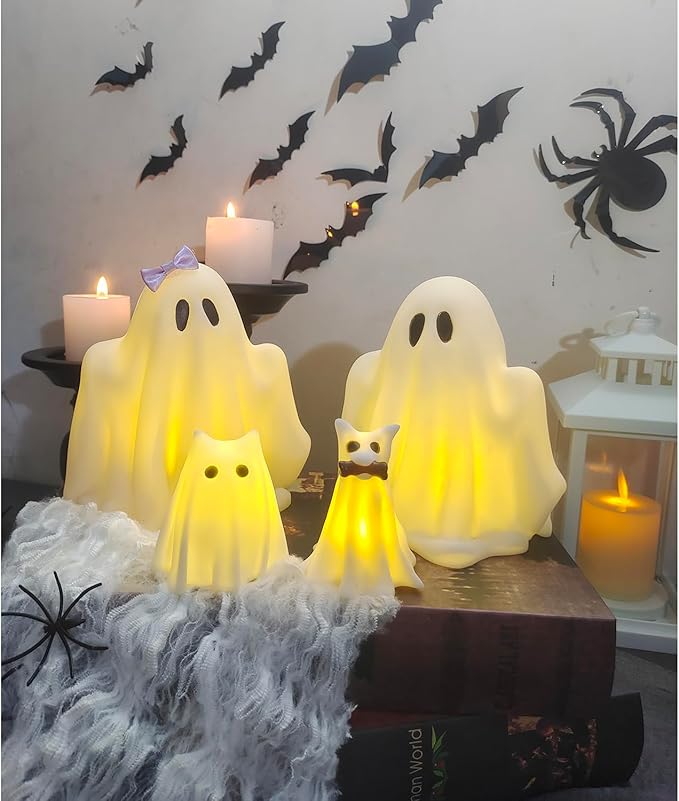 Halloween Decorations Indoor,Ghost Decor, Light Up Ghosts Kit Set of 4,Friendly Pets,Gothic Home Decor (2ghost 2cat)