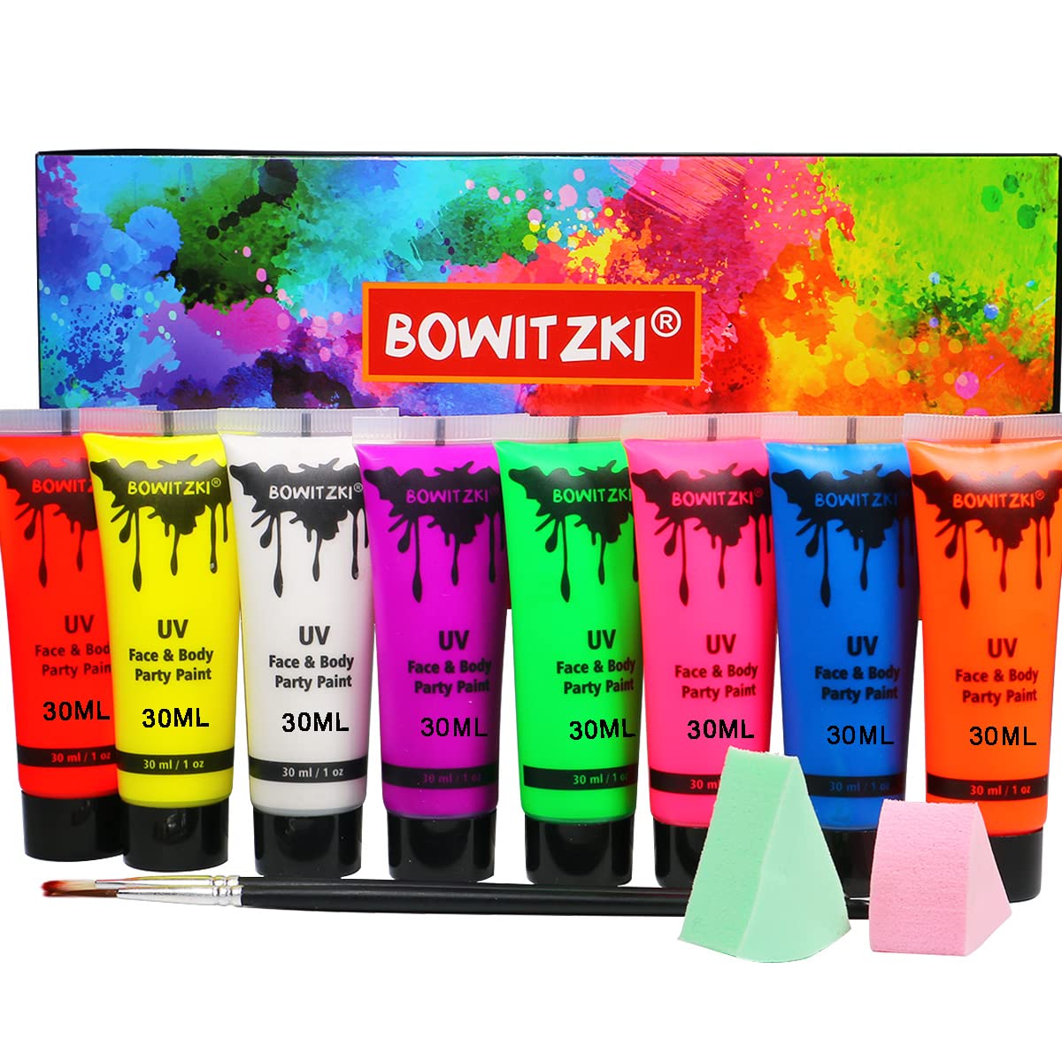 Bowitzki UV Neon Face and Body Paint 8 x 30ml /1 oz Liquid Large Kit Black Light Glow in the Dark Makeup Set Fluorescent Painting for Adults Kids Music Festivals Party Halloween Christmas