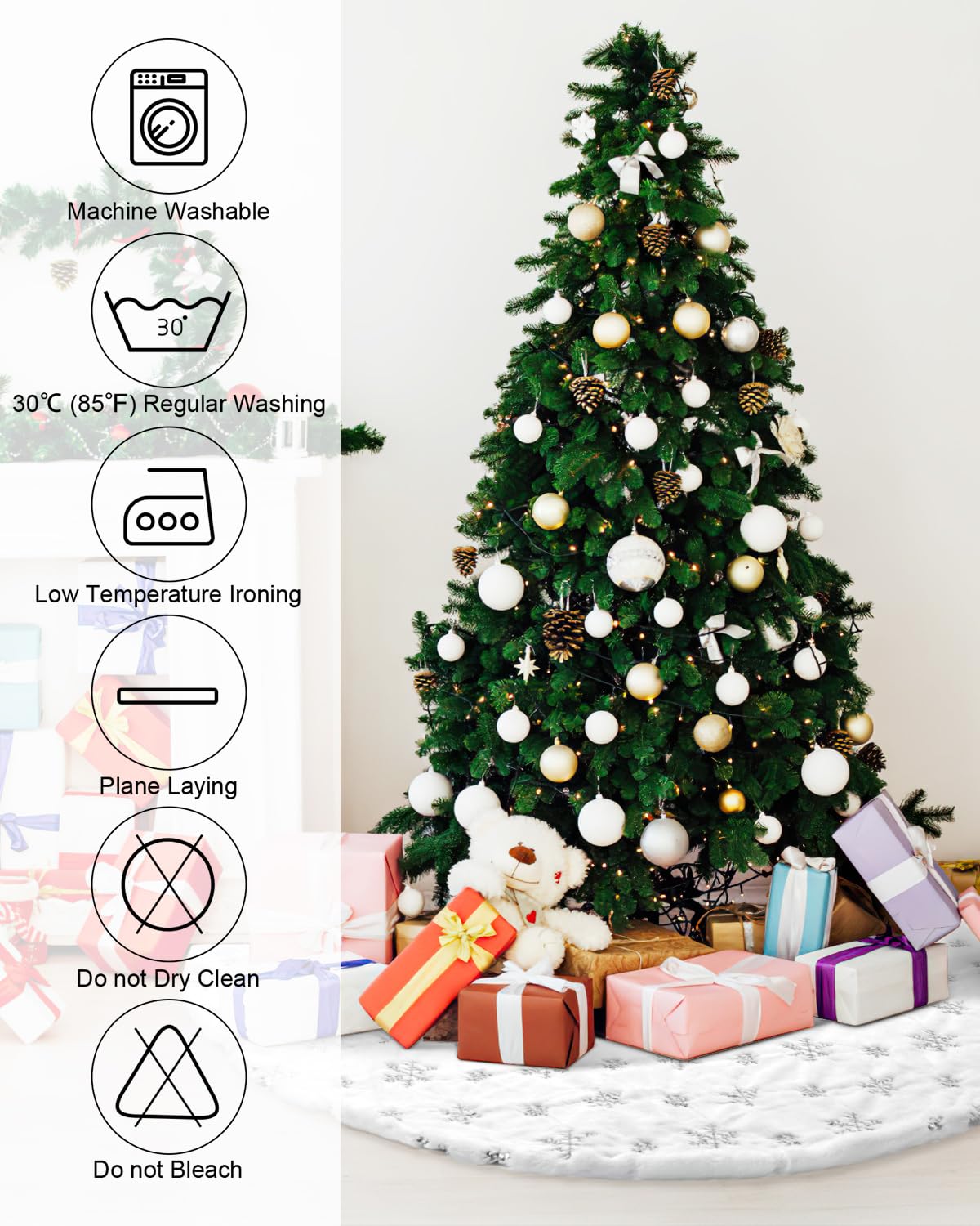 COOLWUFAN 48 Inches Faux Fur Christmas Tree Skirt for Xmas Tree Holiday Party Decorations White Plush Silver Sequin Snowflake (Silver)