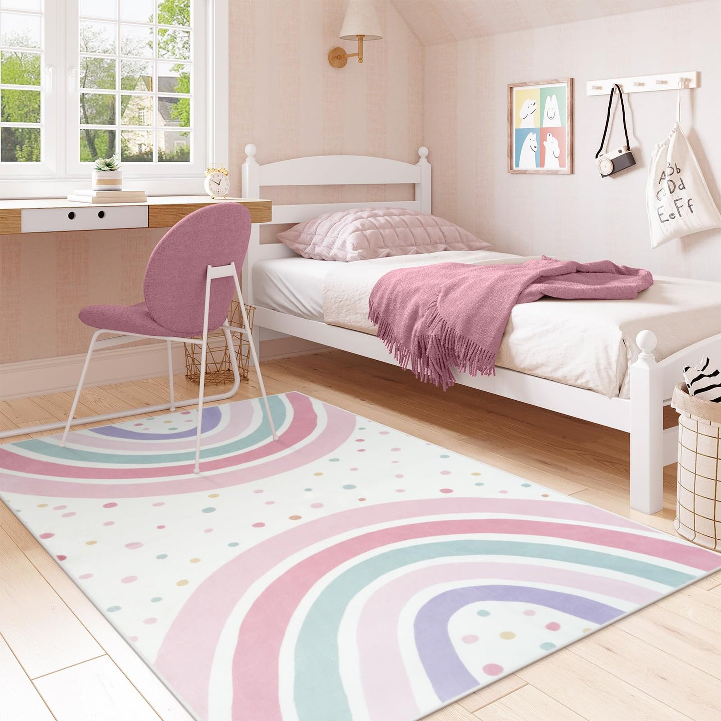 STARUIA 5x7 Washable Rainbow Rug for Girls Bedroom, Soft Polka Dot Pink Rug for Girls Room Nursery, Non-Slip Large Kids Carpet Area Rug for Playroom Classroom Kids Room Princess Castle