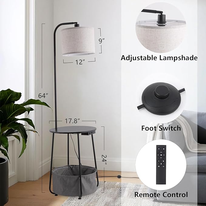 Floor Lamp with Cat Bed and Charging Station, Adjustable Lampshade, 3 Color Temperatures, Remote & Foot Switch Control, Standing Lamp with USB & AC Outlets for Living Room Bedroom, Black