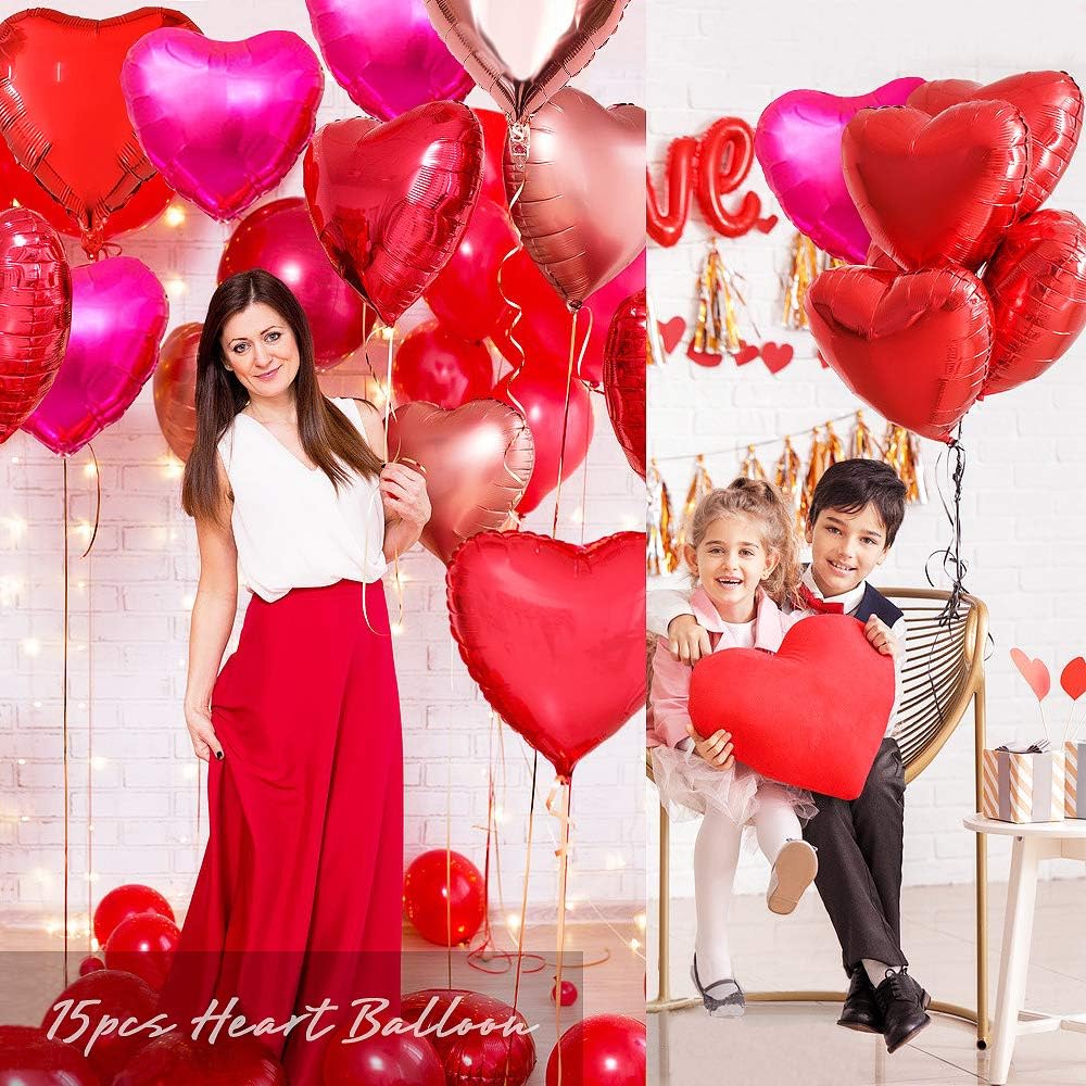Upgraded Rose Gold and Red Balloons - Pack of 15 - Heart Shaped Foil Balloons for Valentines Day Wedding Birthday Bridal Shower Baby Shower Decorations