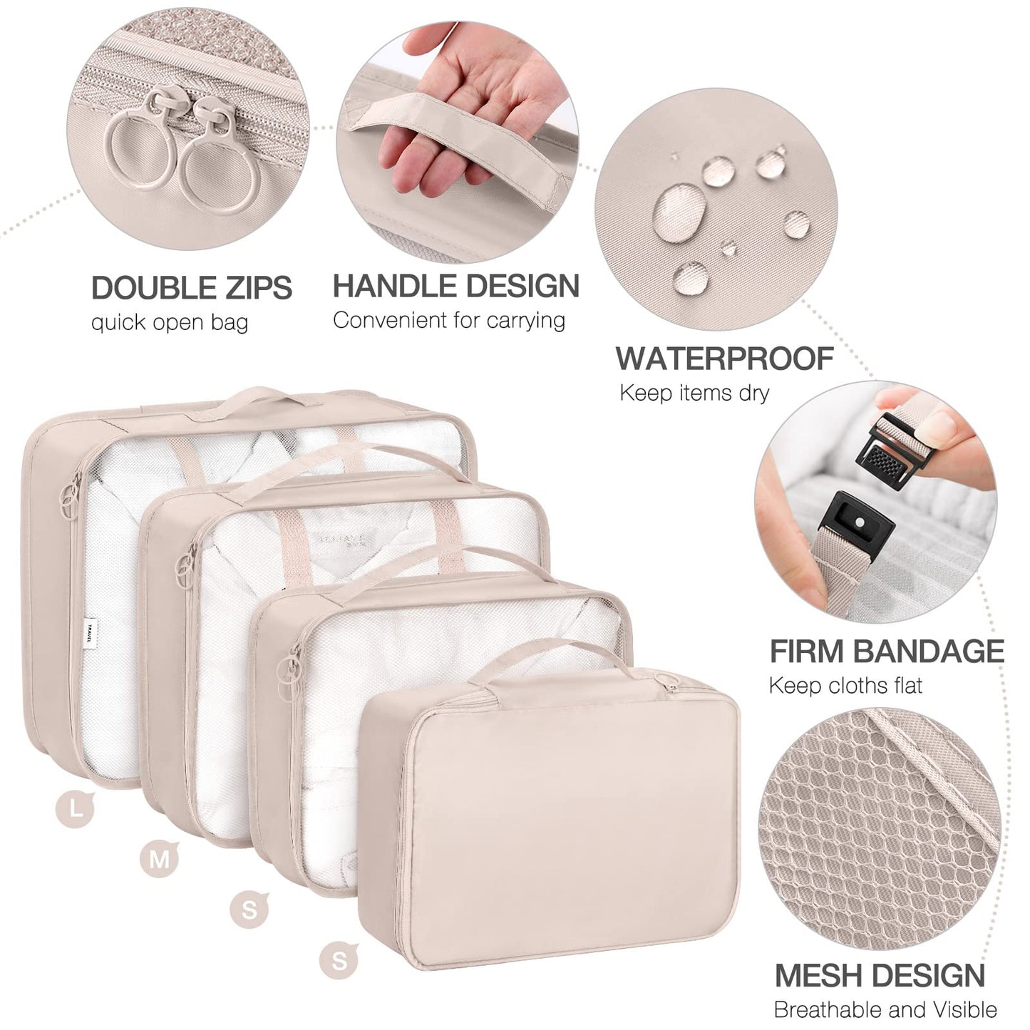 8 Set Packing Cubes for Suitcases, Packing Cube for Shoes, Cosmetics, Clothing and Accessories, Packing Cubes for Travel Luggage Organizer Women Men(Beige)