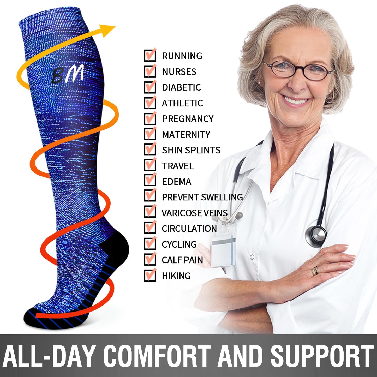 Bluemaple 6 Pack Copper Compression Socks for Women and Men Circulation-Best Support for Medical, Running,Nursing,Athletic