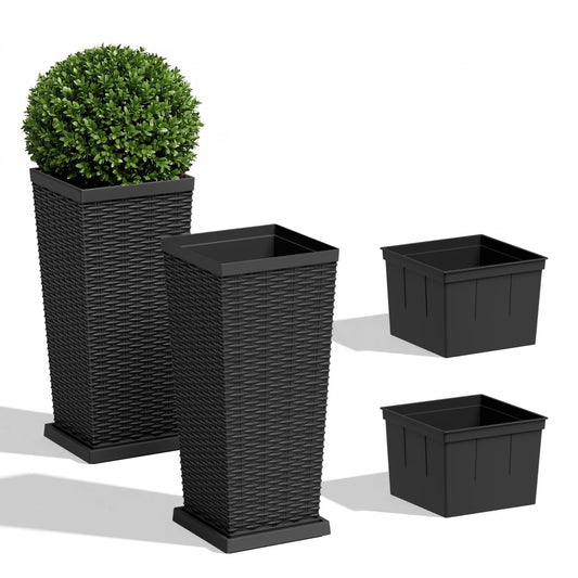 JUMMICO Set of 2 Resin Widened Tapered Planters, Rattan Texture Planters with Drainage Holes and Trays, Outdoor Flowers Pots for Plants, Porch & Patio Decor (Black, 24'' H, Inner & Outer Trays)