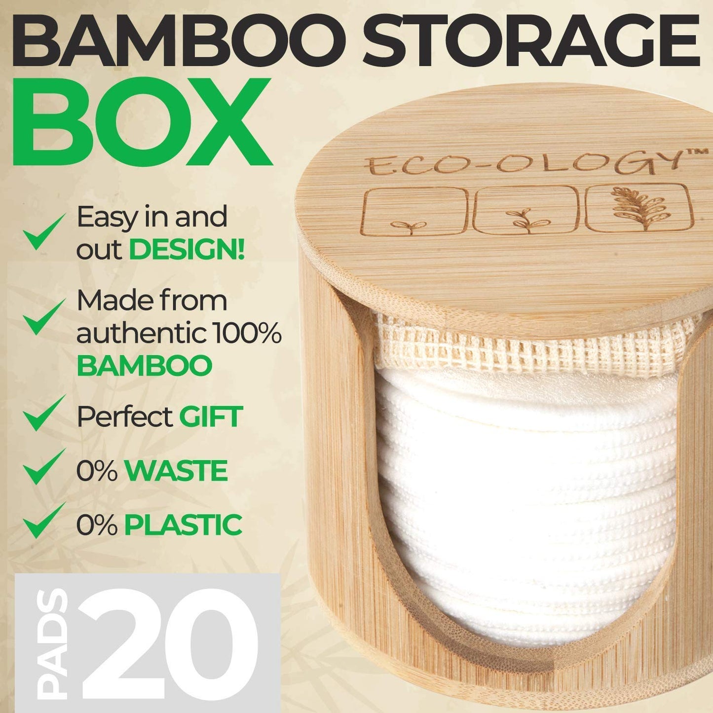 ECO-OLOGY™ 20 Reusable Makeup Remover Pads with Bamboo Storage Pot, 100x Biodegradable Ear Buds and Cotton Laundry Bag. Reusable Cotton Pads, for Cleansing or Removing Makeup