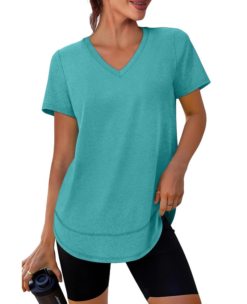 Short Sleeve Shirts for Women Workout Yoga Tops Sun Protection Clothing Summer Outfits Rash Guard Side Slit V Neck Aqua XL