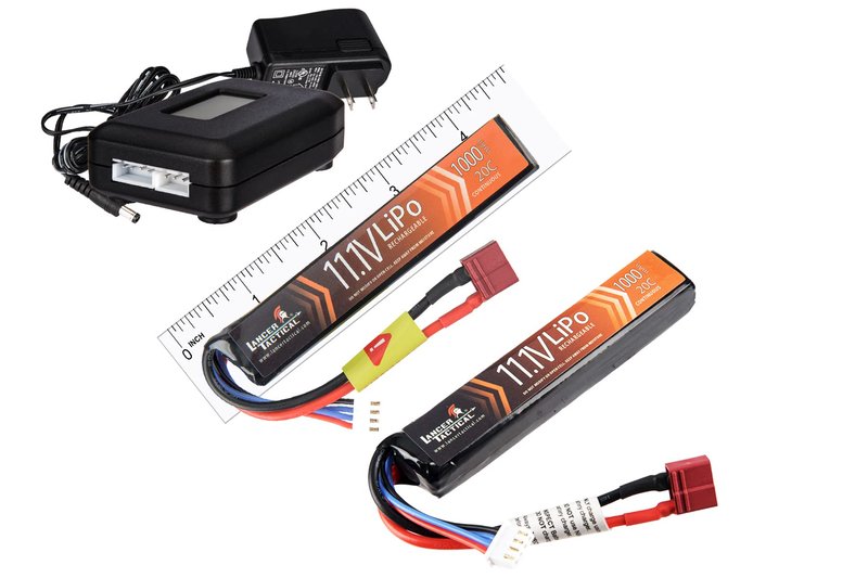 Lancer Tactical Battery Pack with Charger-2 Pack 11.1V Lipo 1000mAh 20C Stick Rechargeable Battery with LCD Universal LiPo Balance Charger for Airsoft AEGs, Lancer Gen 3, Proline, Hybrid