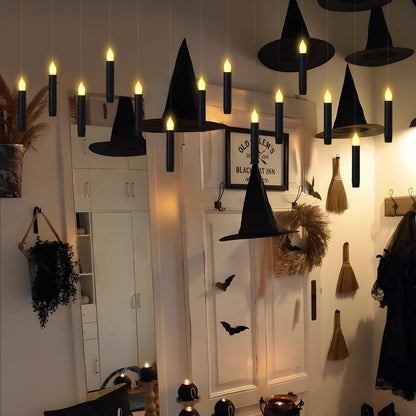 Lezonic 12Pcs Floating Candles with Wand and Remote, Magic Black Flameless Candles Battery Operated, Flikering Hanging LED Taper Candlesticks Halloween Decorations, 0.8" x 6"