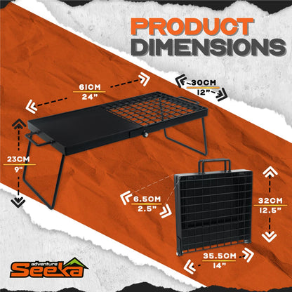 Adventure Seeka 24" Heavy Duty Folding Campfire Grill, Food-Safe Cooking Surface, Compact Folding Design, Portable Grill Grate & Griddle for Campfire Cooking, Australian Designed & Owned
