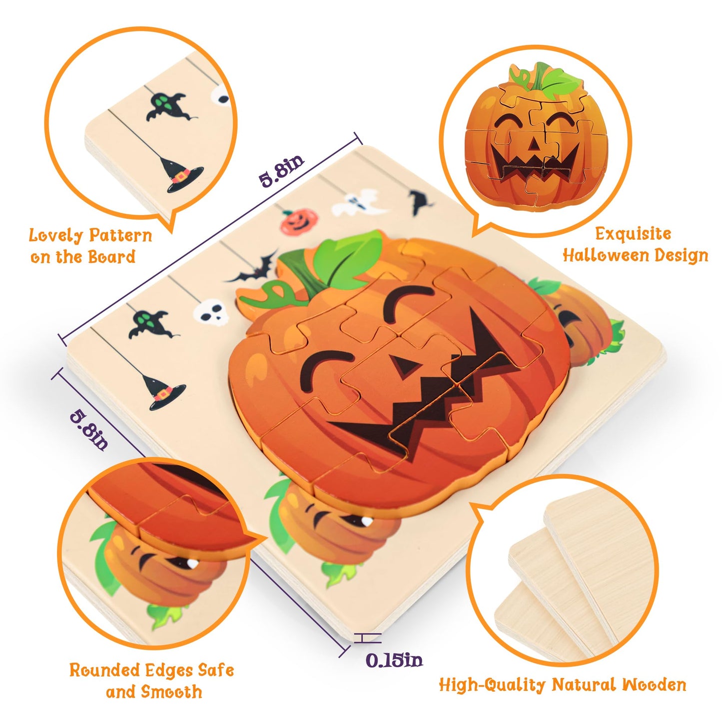 Malhaii 4Pack Halloween Wooden Puzzles for Toddlers - Educational Learning Toys, Jigsaw Puzzle for Party Favors, Supplies, Kids, Boys, Girls - Treat Goodie Bags Fillers Gifts