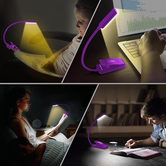 Gritin 9 LED Rechargeable Book Light for Reading in Bed - Eye Caring 3 Color Temperatures,Stepless Dimming Brightness,80 Hrs Runtime Small Lightweight Clip On Book Reading Light-Dark Purple