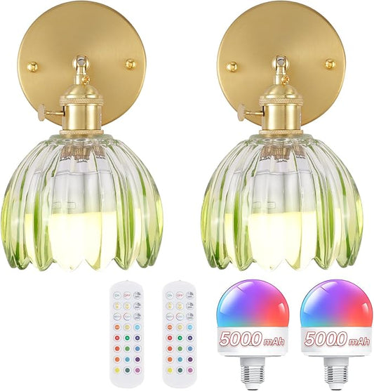 Vintage 5000 mAh Battery Operated Wall Sconce with Green Clear Tulip Gradient Glass Lampshade Rechargeable Battery Powered Wall Light with Remote Control for Bedroom, Set of 2