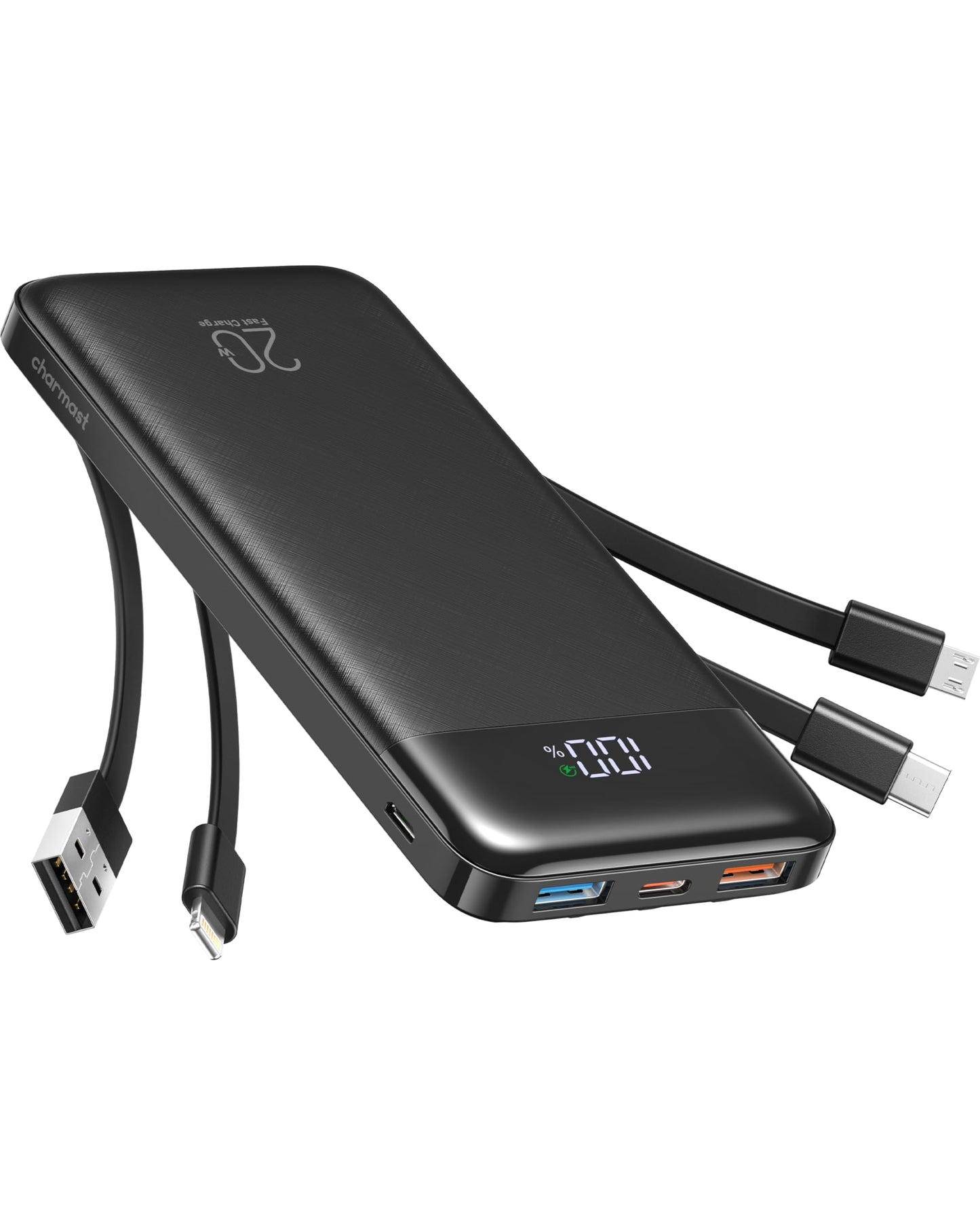 Charmast Power Bank, 20000mAh Built-in 4 Cables Portable Charger, 20W Fast Charging Battery Pack with 4 Ports, USB-C Powerbank for iPhone 16/15/14 Series, iPad, AirPods, Android Phone,and more(Black)