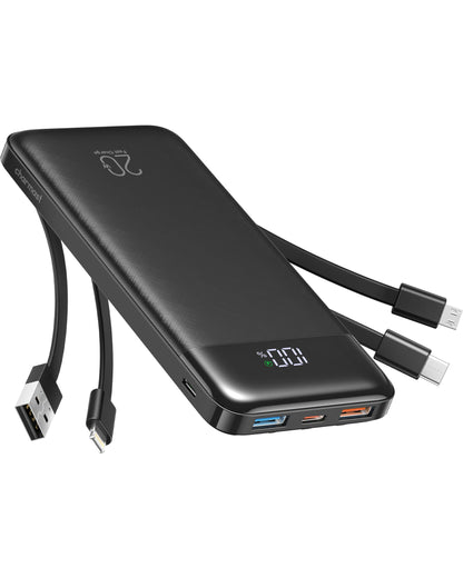 Charmast Power Bank, 20000mAh Built-in 4 Cables Portable Charger, 20W Fast Charging Battery Pack with 4 Ports, USB-C Powerbank for iPhone 16/15/14 Series, iPad, AirPods, Android Phone,and more(Black)