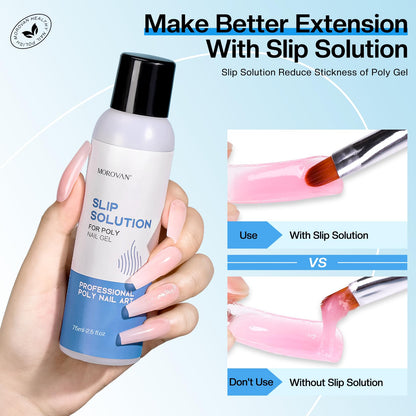 Morovan Nail Slip Solution Kit: 2.5 OZ Anti‑Stick Gel Liquid for PolyGel Nails with Dual‑Ended Brush & Nail Forms Ideal Easy Spread for Beginners