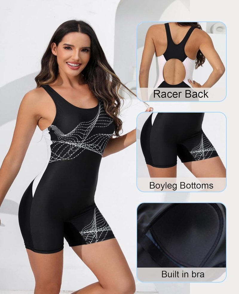 Halcurt Women's Athletic Racerback Boyleg One-Piece Swimsuit - Full Coverage Swimwear for Active Comfort