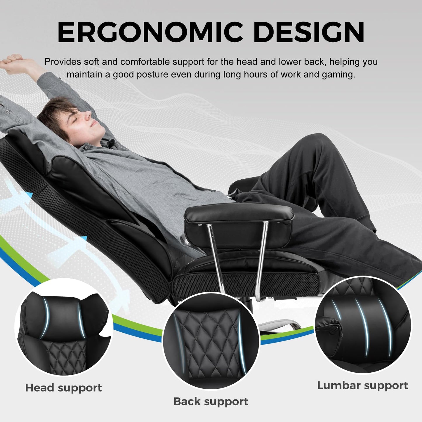 GTRACING Gaming Chair,Office Chair with Pocket Spring Lumbar Support, Ergonomic Comfortable Wide Office Desk Computer Chair with Outward Fixed Soft Armrests and Footrest (PU Leather, Black)