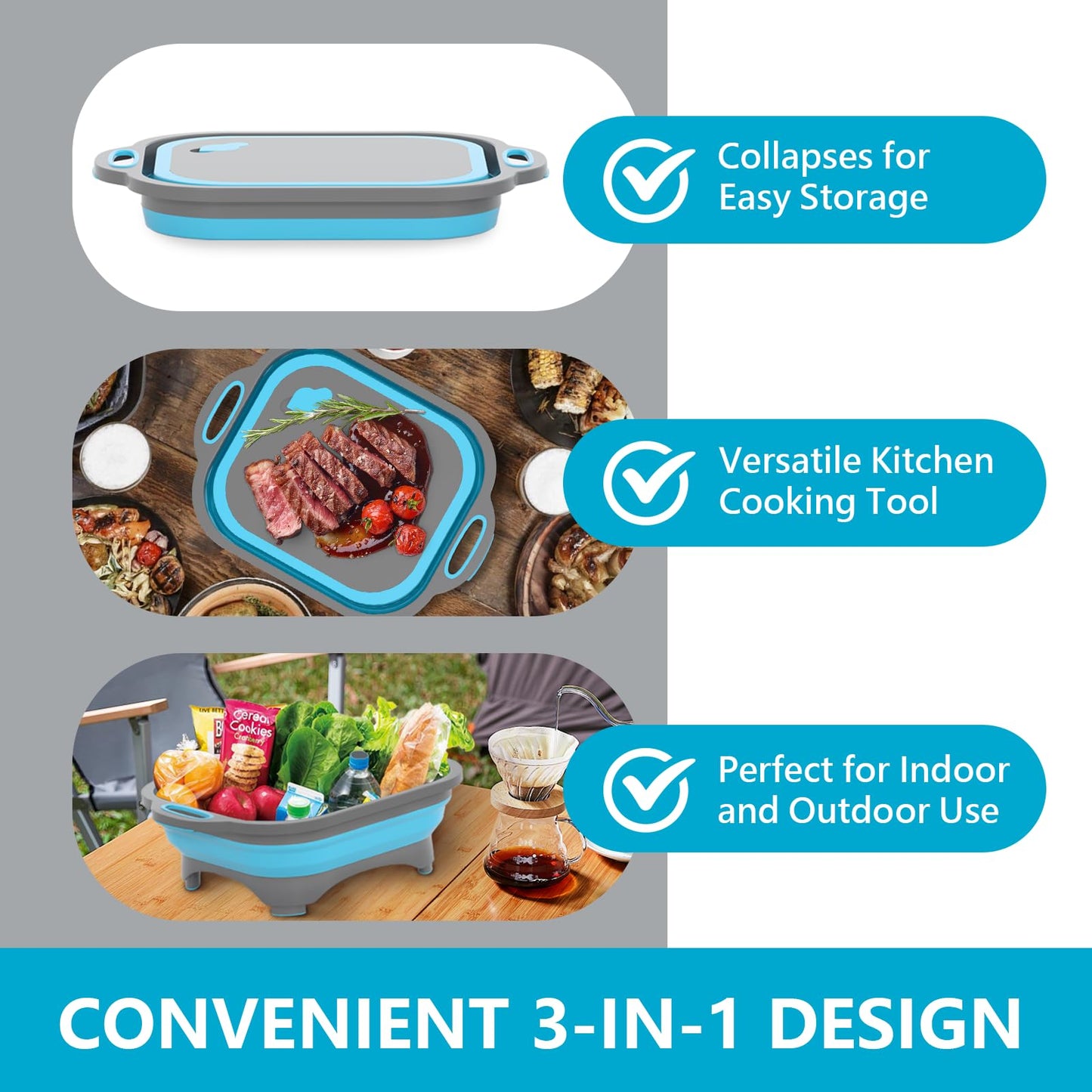 Collapsible Cutting Board,HI NINGER Camping cutting board with knife,Multifunctional Kitchen Vegetable Washing Basket Silicone Dish Tub for Camping Kitchen essentials/bbq prep tub/rv accessories
