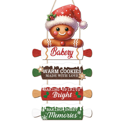 CHDITB Wooden Gingerbread Bakery Christmas Door Hanger, Rustic Christmas Wall Hanging Sign with Cookies Rolling Pin Warm Saying, Farmhouse Xmas Winter Holiday Decor for Indoor Outdoor