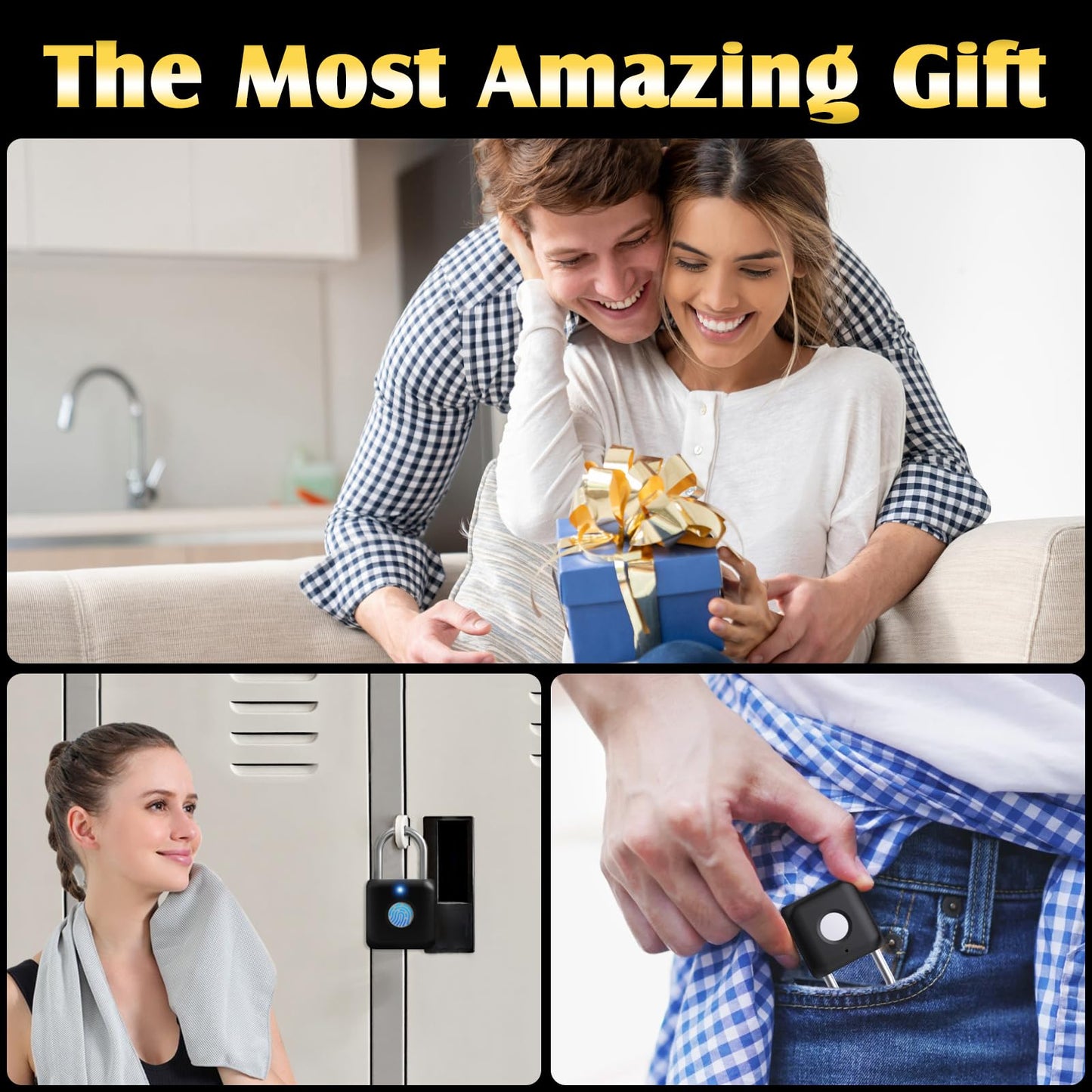 Fingerprint Padlock, Pothunder Smart Padlock, Locker Lock, Fingerprint Lock with APP Unlock, USB Rechargeable, Suitable for Gym Locker, Door(Black)