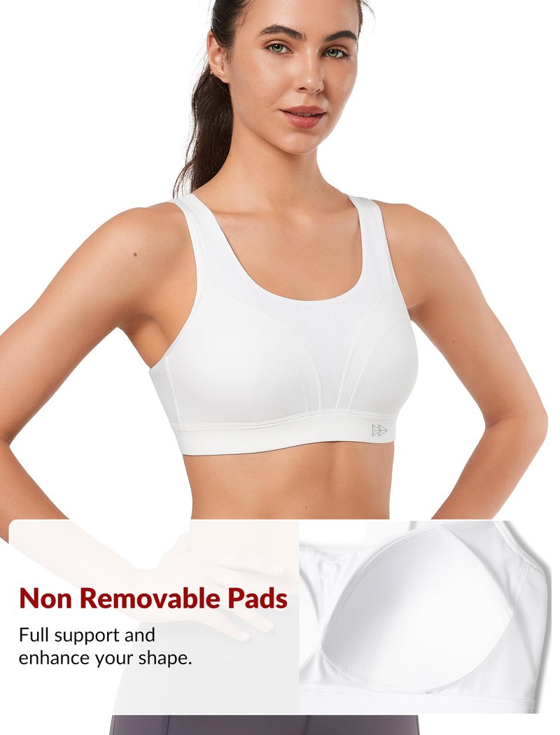 Yvette Supportive Adjustable Sports Bras for Women High Impact Support, Sewn-in Molded Cup Running Bra Large Bust No Bounce, Wireless Comfortable Workout HIIT with Hook & Eye Closure,White, M+