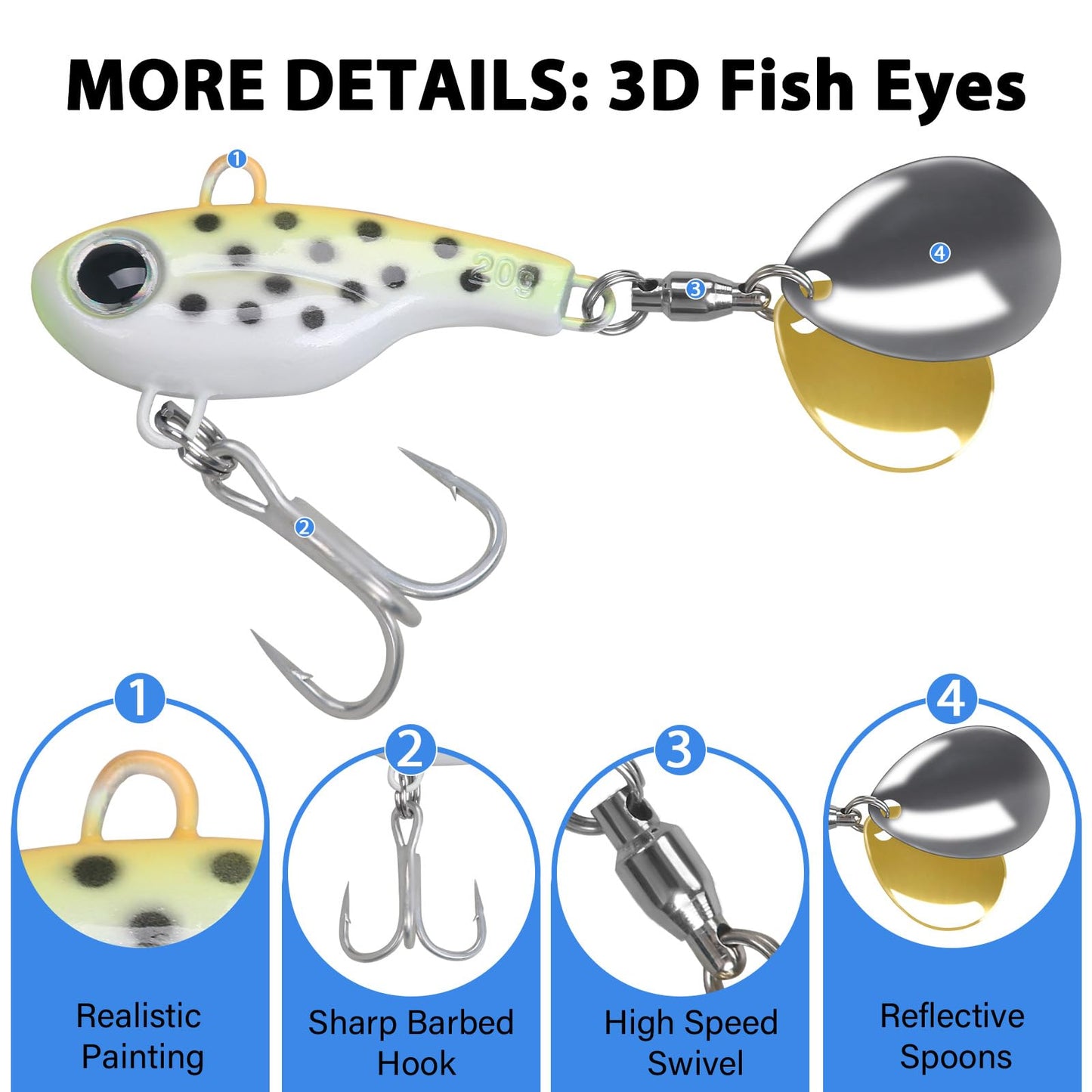 Spinner Baits for Bass Fishing, 20g Multi-Color Options with 3D Eyes & Rotating Blades Fishing Spinners, Freshwater Saltwater Bass Fishing Lures for Trout Walleye Crappie Pike