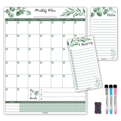 ALEZEL Magnetic Dry Erase Calendar for Fridge, Greenery Monthly Fridge Calendar Whiteboard Set - Vertical Monthly Calendar for Refrigerator, Grocery & to Do List White Board, 3 Markers + Eraser