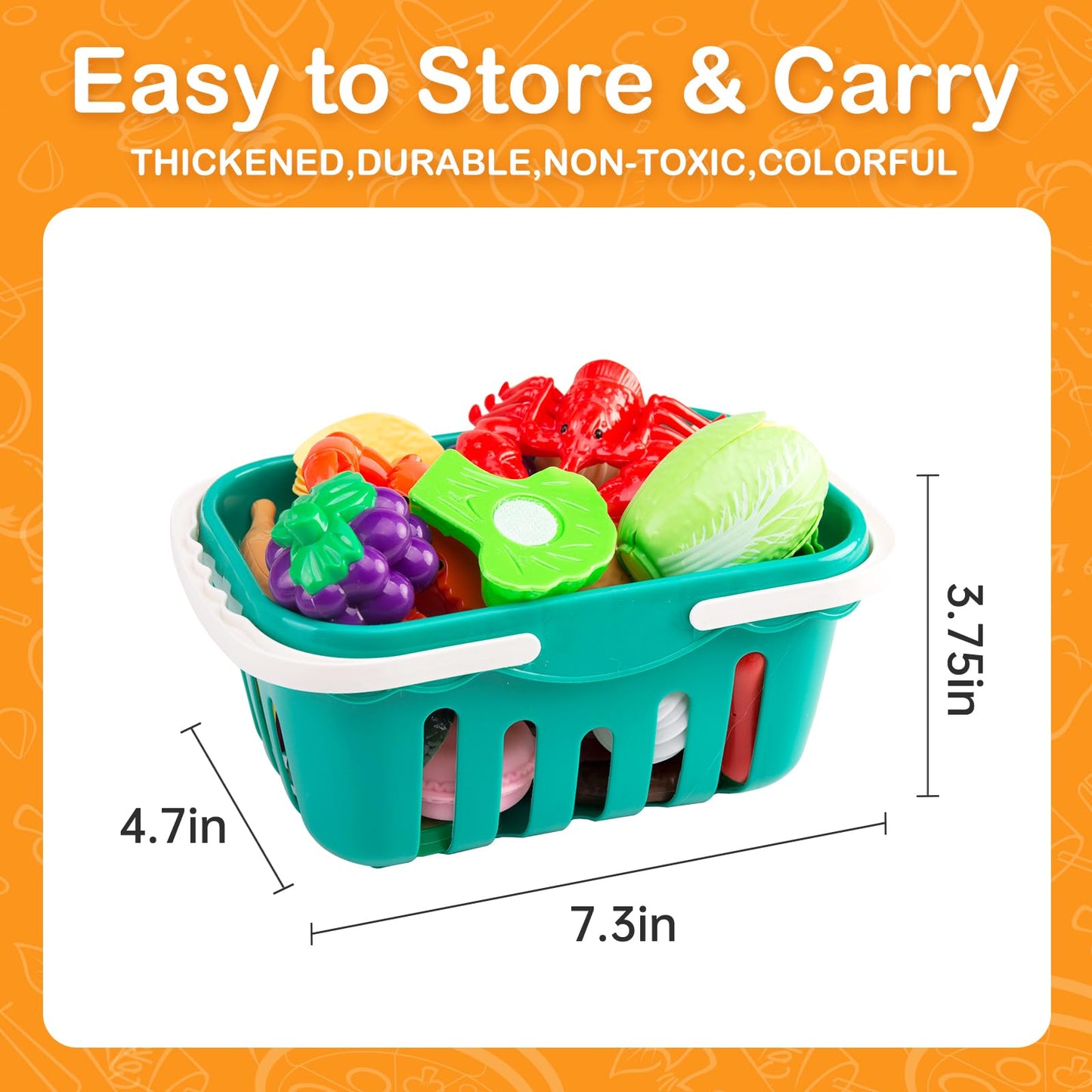 150Pcs Kitchen Playset, Toddlers Pretend Cooking Cookware Accessories, Food, Picnic Blanket, Fruits, Veges, 2Pack Shopping Storage Basket, Dessert and Prop Money, Gift for Kids (Blue)