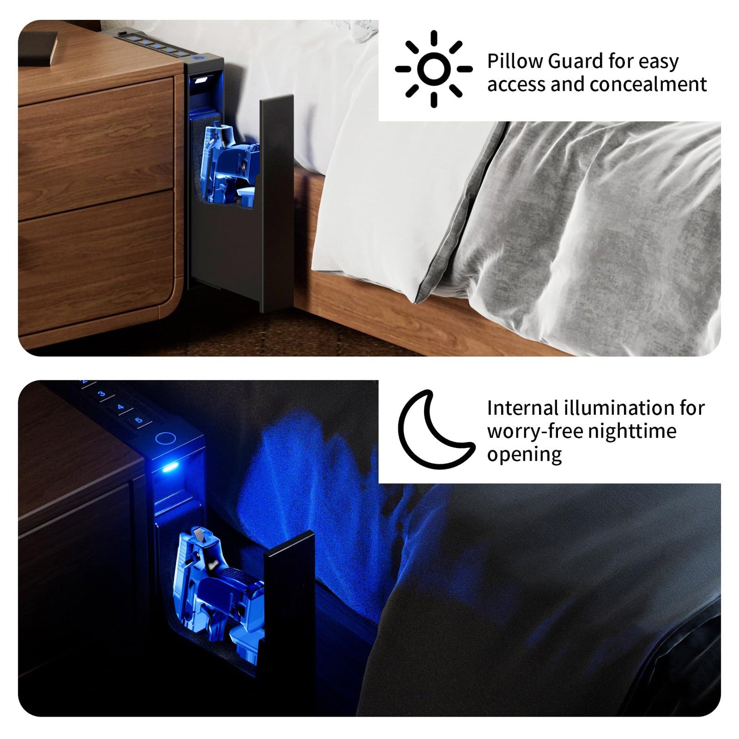 Biometric Gun Safe for Nightstand, Desk, Bedside Mounted, Auto Open Pistol Safe, Drawer Handgun Safe with Internal LED light, Silent mode, Quick Access Gun Lock Box with Fingerprint, PIN Code, Key
