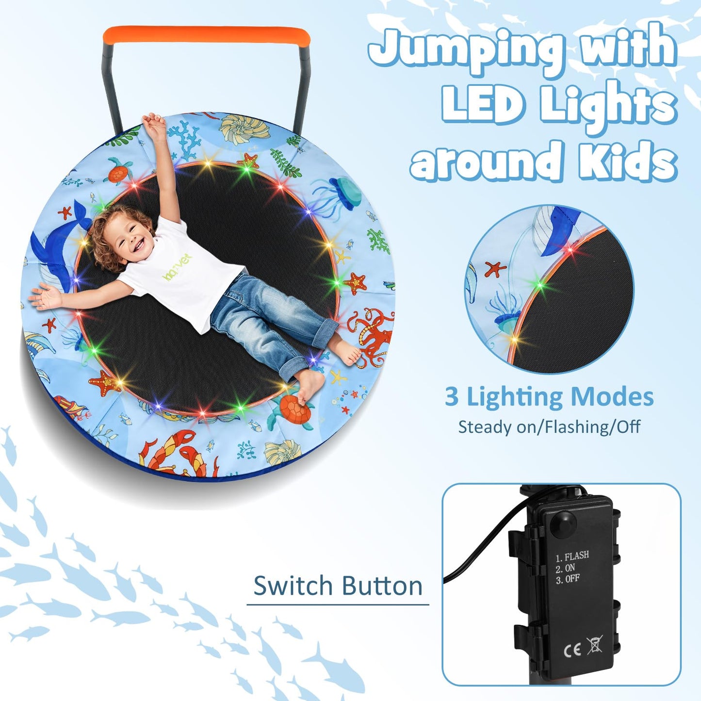 GYMAX 36” Toddler Trampoline with Lights, Folding Springless ASTM Approved Small Kids Rebounder with Foam Handle, Safety Padded Cover & Foldable Legs, Mini Indoor Baby Trampolines