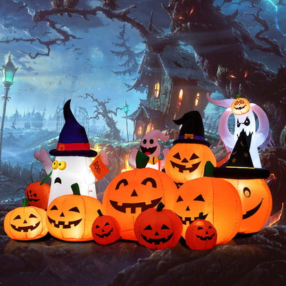 Tangkula 7.5 Ft Halloween Decorations Inflatable Pumpkin Patch, Blow Up 7 Pumpkins Family with Build-in LED, Inflatable Jack-o-Lantern for Indoor Outdoor Front Yard Halloween Party