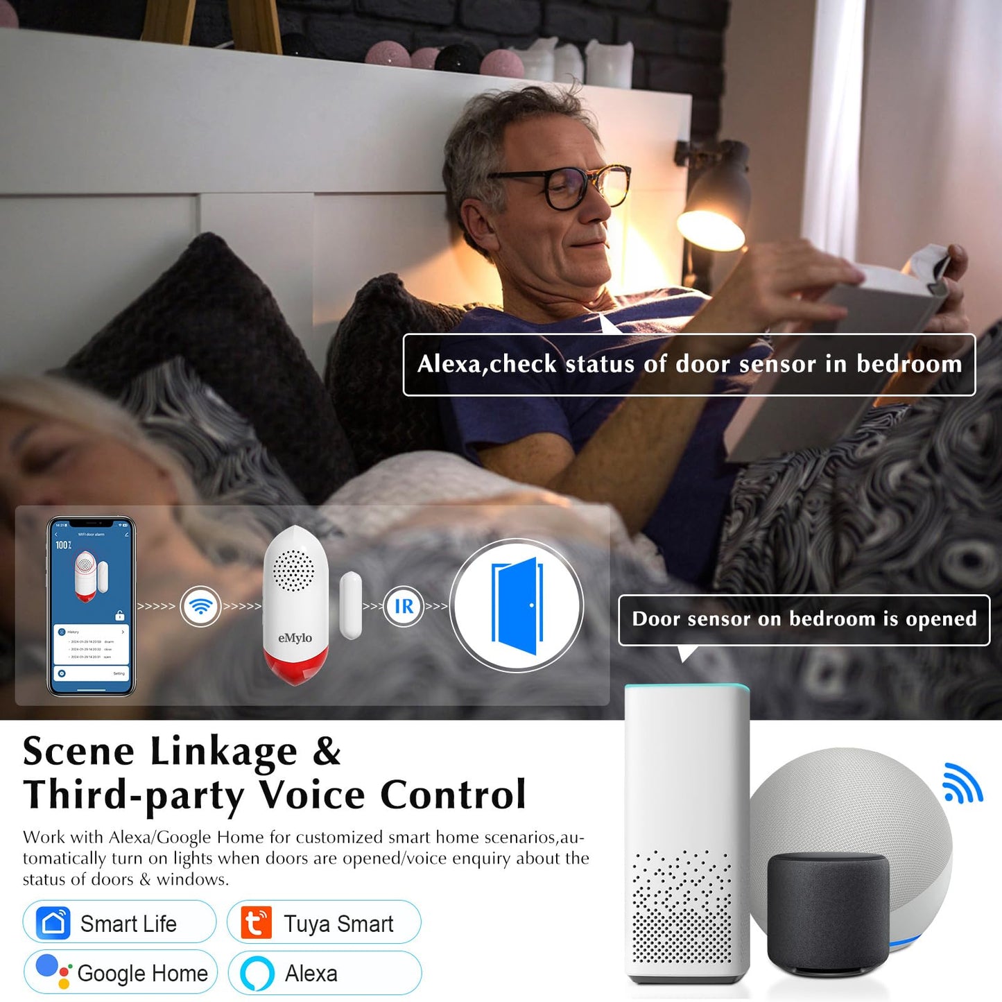 Chatthen eMylo Door Alarm, 120dB Door Alarms When Opened, WiFi Door Sensor with Alarm Light, Compatible with Smart Life app and Tuya Smart, Alarms for Home Kids Safety, 1 Pack, CSAF869