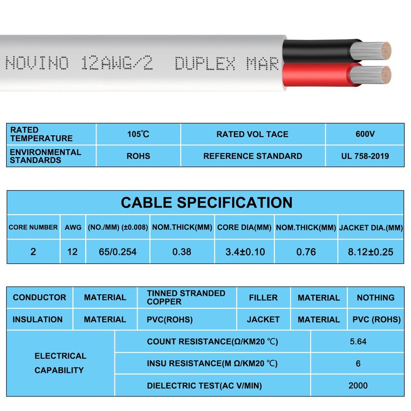 12 Gauge Marine Wire 12 AWG Duplex Marine Grade Wire,100ft Tinned Copper Heavy Duty Sheathed Boat Electrical Cable for Boat/Automotive/RV/Camper/Trailer