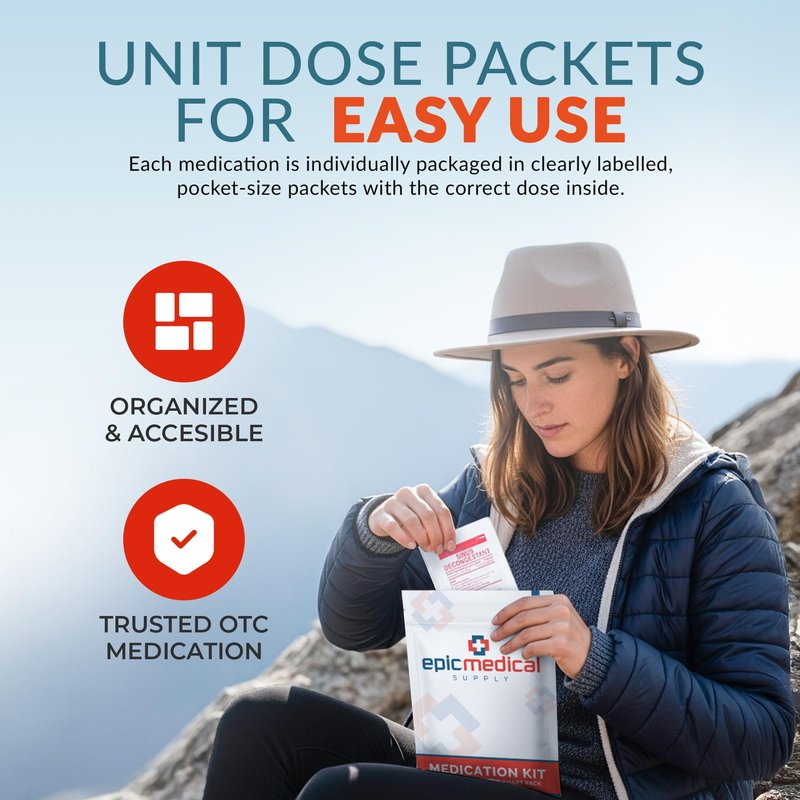 Epic Medical Supply First Aid Kit Medication Refill – 28-Count Unit Dose Packets – Emergency Medicine Kit Pills for 1st Aid Kit Refills, Travel, Office, Dorm, Camping – Assembled in USA