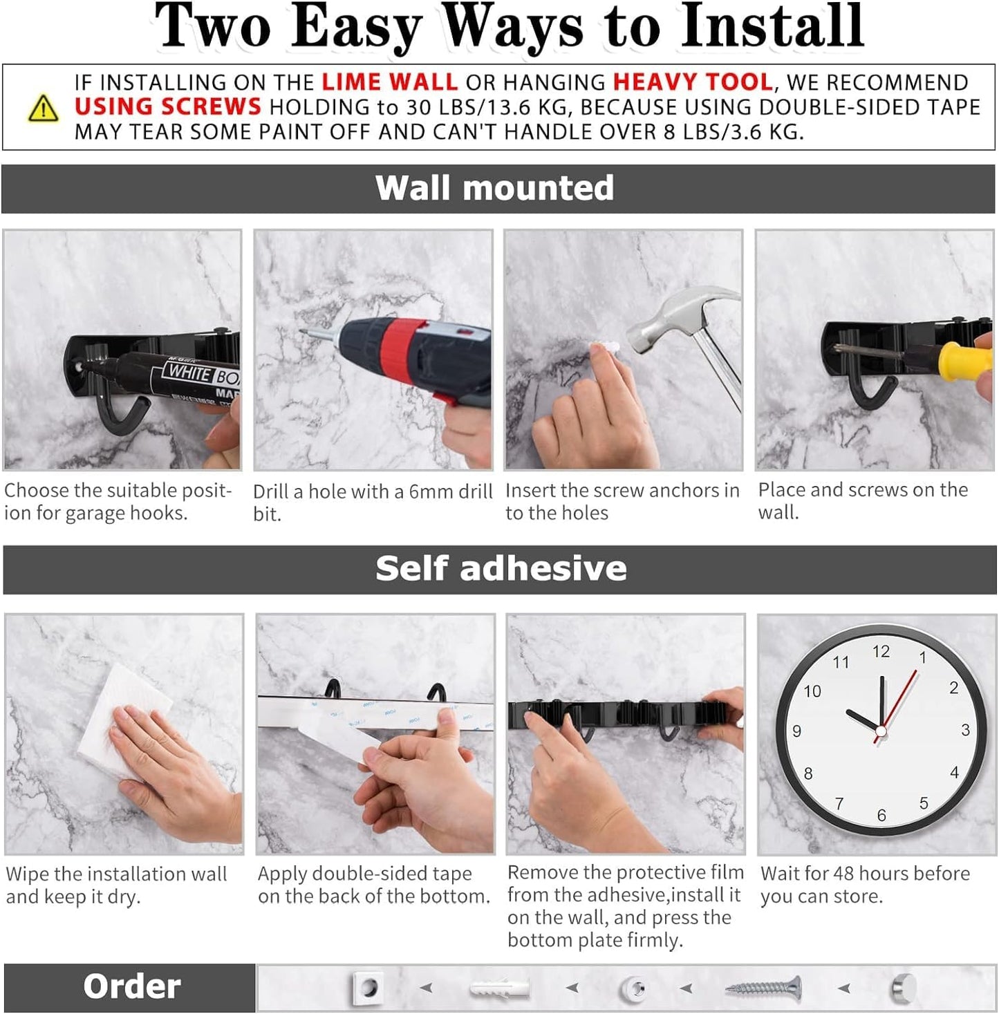 5 Holders+4 Hooks Black Broom Holder Wall Mounted with Nails Installation, Heavy Duty Stainless Steel Mop Holder, Brush Mop and Broom Storage Self Adhesive