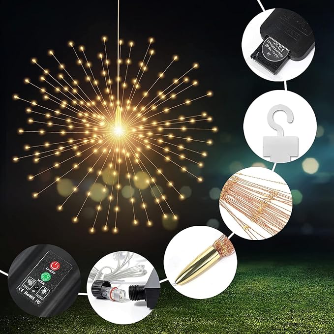 4 Pack 800 LED Solar Starburst Sphere Lights,Firework Light Remote Control Timer 8 Modes Dimmable, Waterproof Hanging Sparkly Fairy Light for Patio Party Tent Halloween Christmas Decor (Warm White)