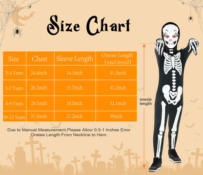 FAYBOX Skeleton Costume Glow in The Dark for Kids Toddler, Halloween Fortnite Onesie for Boy Girls with Pumpkin Candy Bag(5-7)