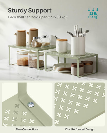 SONGMICS Spice Racks, Set of 2 Metal Cabinet Shelf Organizers, Countertop Organizers, Shelf Risers, Stackable, Expandable, Silver UKCS01SV