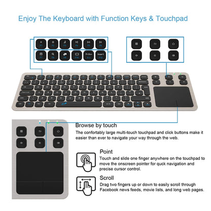 Arteck 2.4G Wireless Touch TV Keyboard with Easy Media Control and Built-In Touchpad Solid Stainless Steel Ultra Compact Full Size QWERTY UK Layout Keyboard for TV-Connected Computer, Smart TV, HTPC