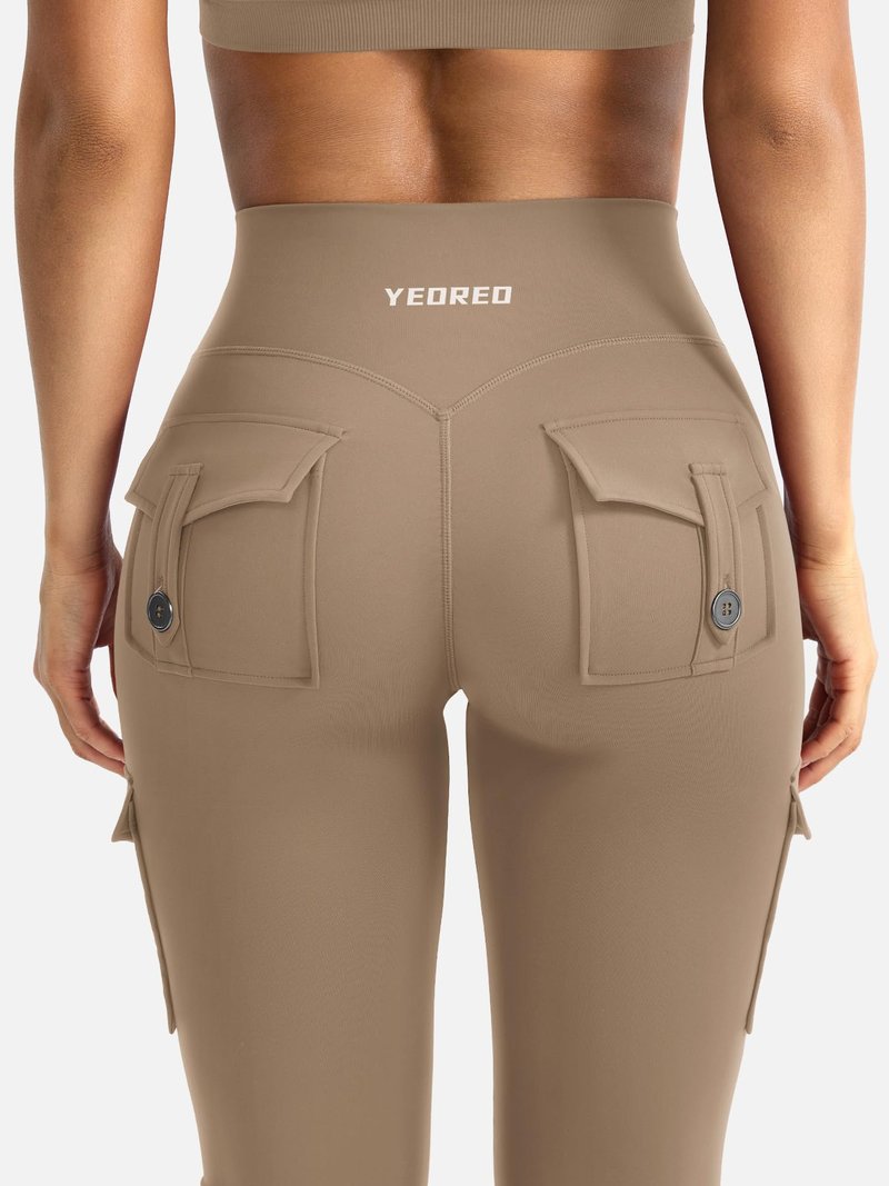 YEOREO CoreFlex Women Workout Flare Leggings with Pockets Hidden Scrunch High Waisted Cargo Gym Yoga Leggings Light Brown M