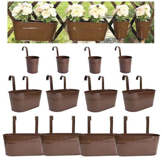 Joyfernal Set of 12 Balcony Hanging Planters, 4 Pcs 17" Metal Railing Flower Pots & 4 Pcs 12" Deck Planter & 4 Pcs 4" Fence Pot for Outdoor Patio Garden Décor, Chocolate