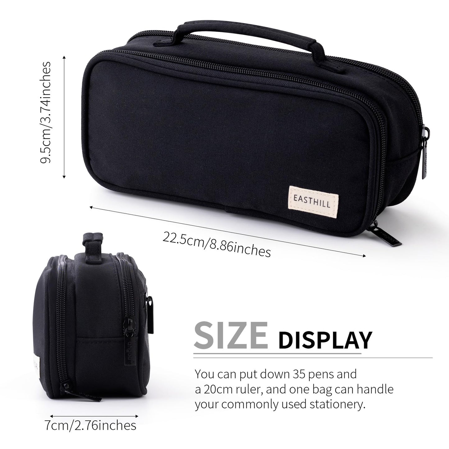 EASTHILL Large Capacity Pencil Case Pen Pouch Organizer Canvas Pencil Bag with Handle School Supplies for Teen Girls-Black