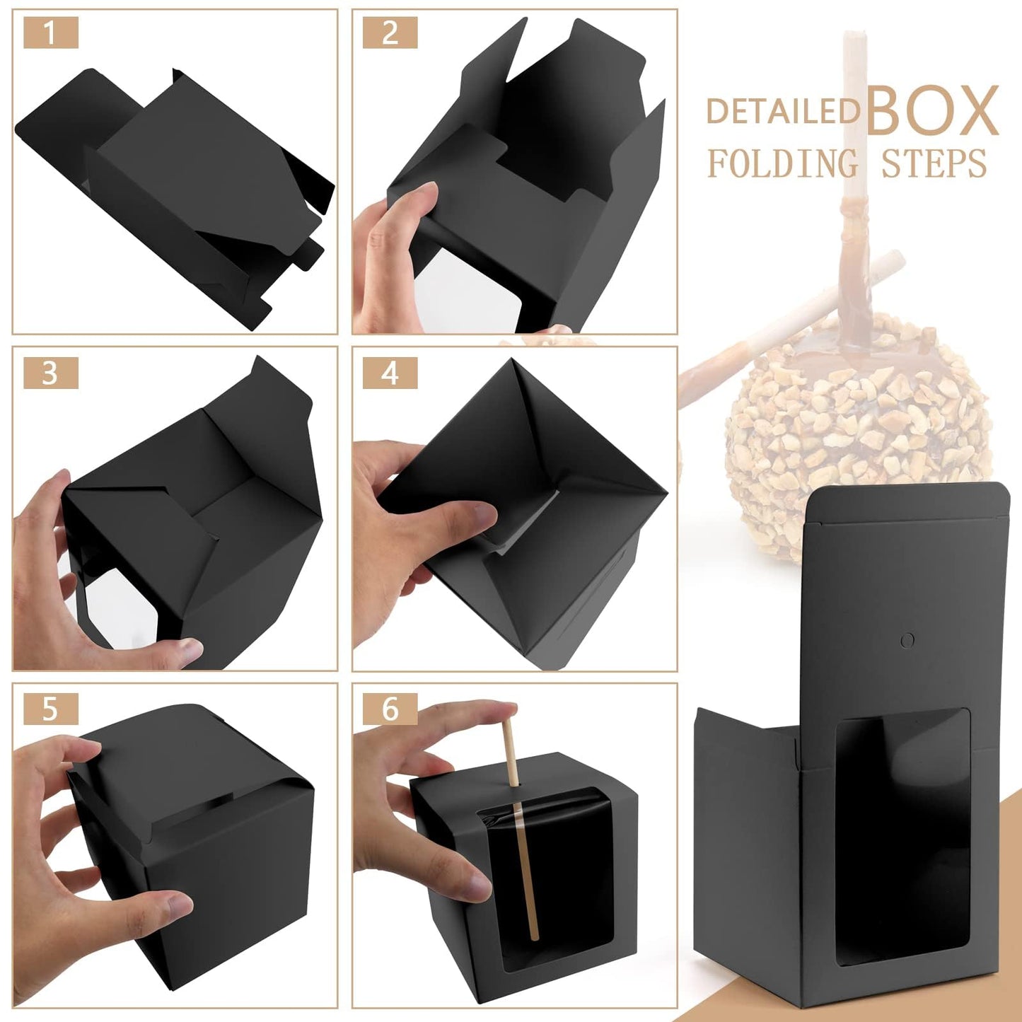 BadenBach 40 Pack Kraft Candy Apple Boxes with Sticks,4" x 4" x 4",Caramel Apple Box Kit Chocolate Cake Treat Boxes with Clear Window for Wedding,Party,Birthday,Baby Shower,Halloween (Black)