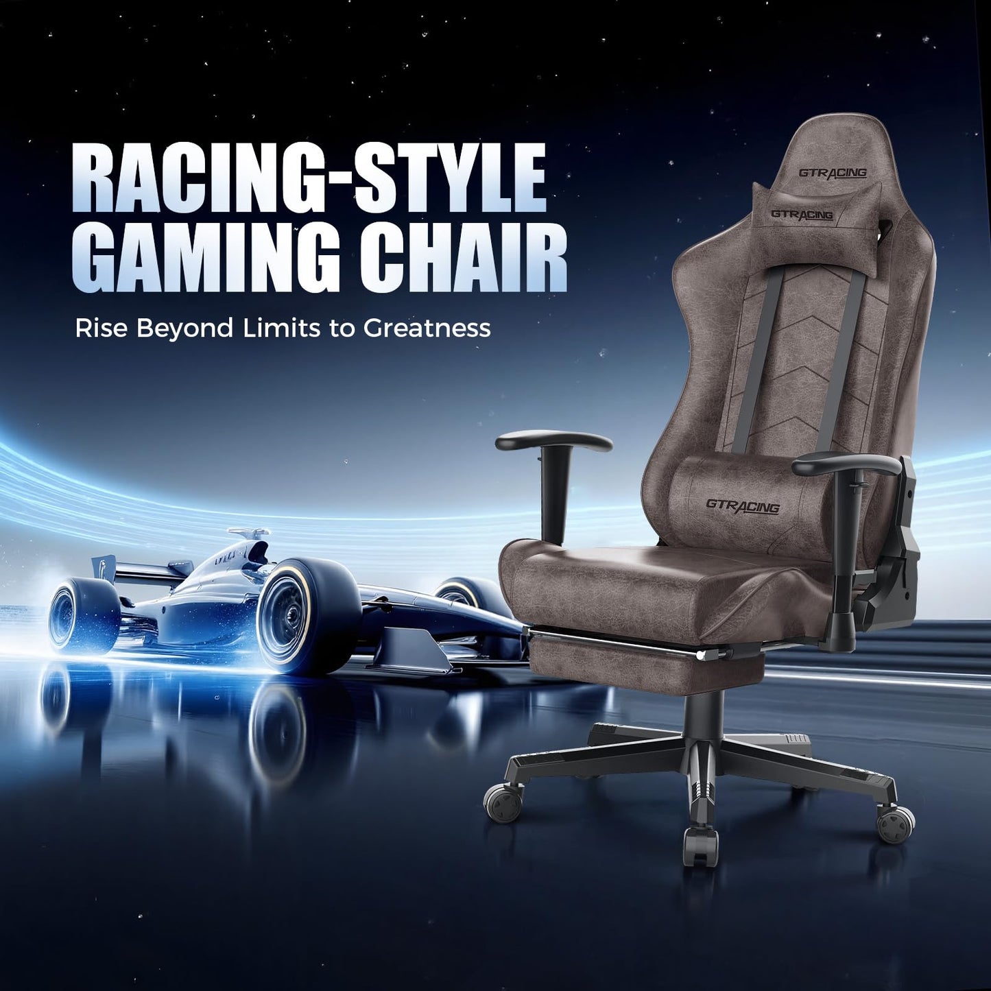 GTRACING Gaming Chair with Footrest, Racing Style Computer Chair for Adult, Adjustable Reclining Backrest and Lumbar Support, Stylish High Back Chair for Gaming and Office (Brown)