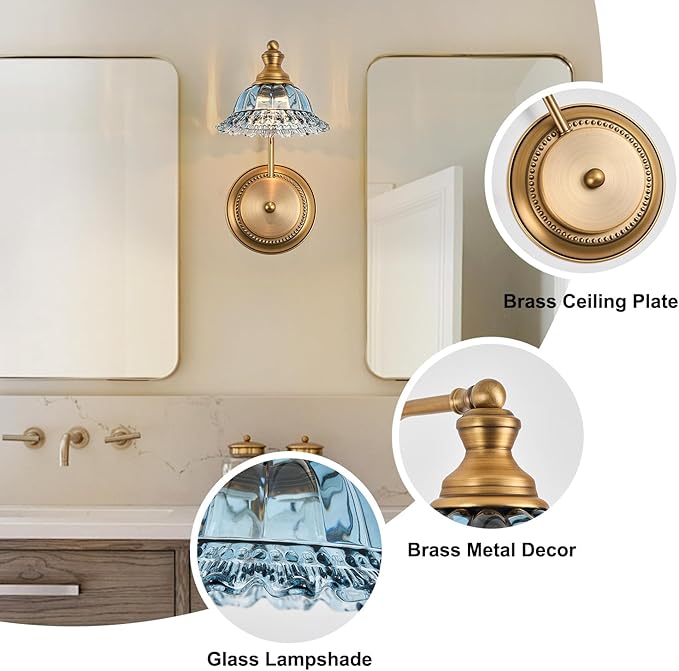 Vintage Wall Sconces, 1-Light Wall Lighting with Crystal Glass Shade, Matte Brushed Antique Brass Finish, Crystal Wall Light, Wall Lamp for Bathroom