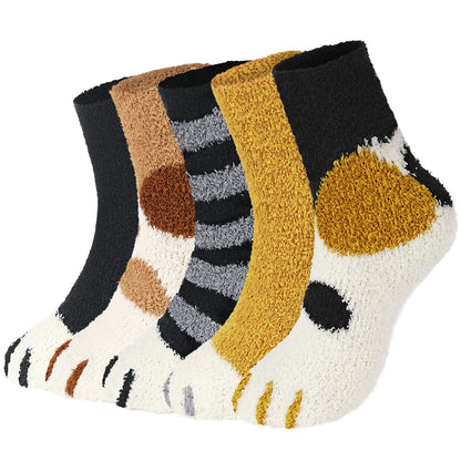 Trifabricy Fuzzy Socks for Women - 5 Pair Cute Funny Cat Fluffy Slipper Fuzzy Socks, Women's Warm Soft Cozy Cat Paw Sock for women