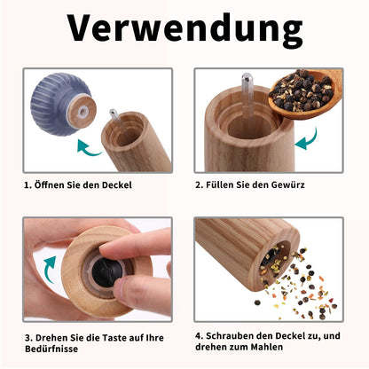 HAIPUSEN Salt and Pepper Mill Set - Wood and Ceramic Pepper Grinder Spice Mill with Adjustable Coarseness, 17.5 cm (with Tray)