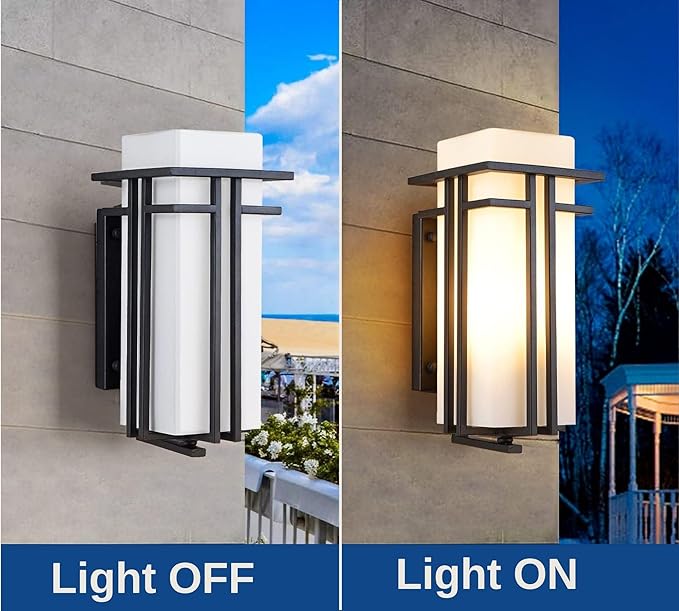 Outdoor Wall Light Fixtures, Exterior Waterproof Lanterns, Porch Sconces Wall Mounted Lighting with Modern Frosted Glass, Black Aluminum Wall Lamps for Patio Front Door Entryway, (Type_A 15.4''H)