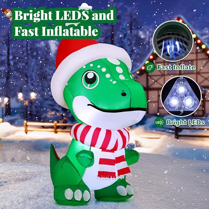 GOOSH 5 FT Christmas Inflatables Dinosaur Outdoor Decorations Blow Up T Rex with Xmas Hat Yard Decorations with Built-in LED Lights for Garden Lawn Indoor Party Décor